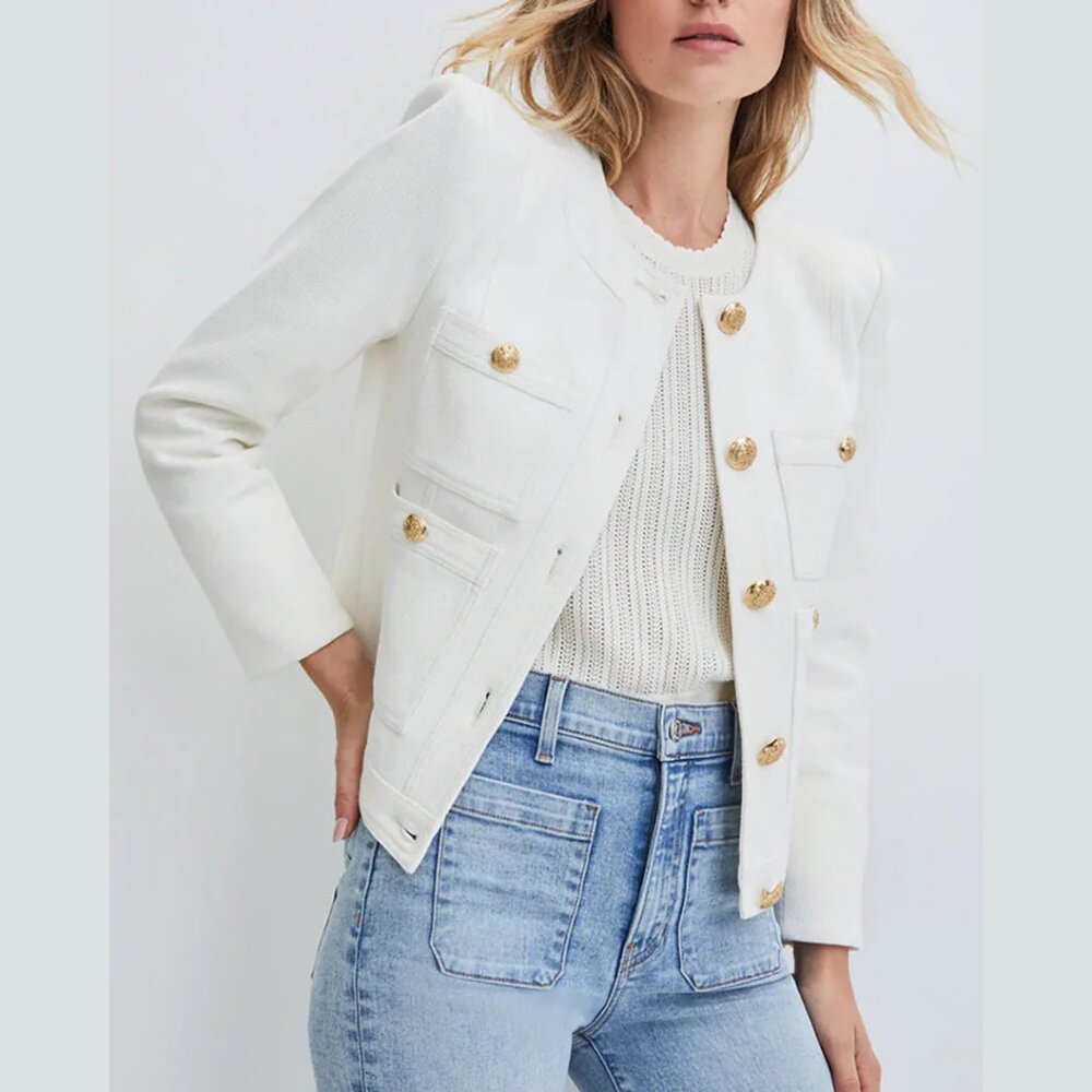 Veronica Beard Ferazia Textured Jacket In Ecru Sz 4 Collarless Button Front